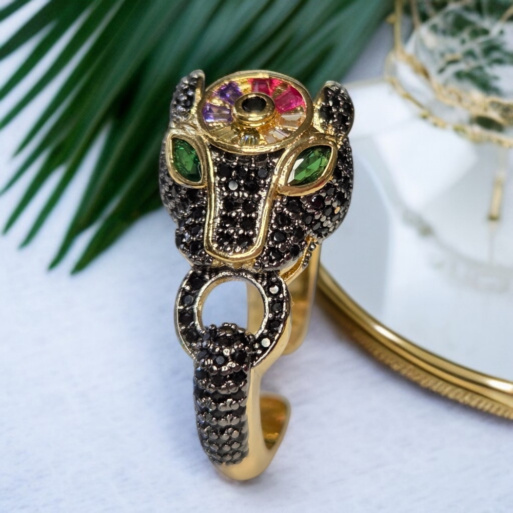 18k Gold Plated Jeweled Zircon Crystal Doorknocker Statement Ring